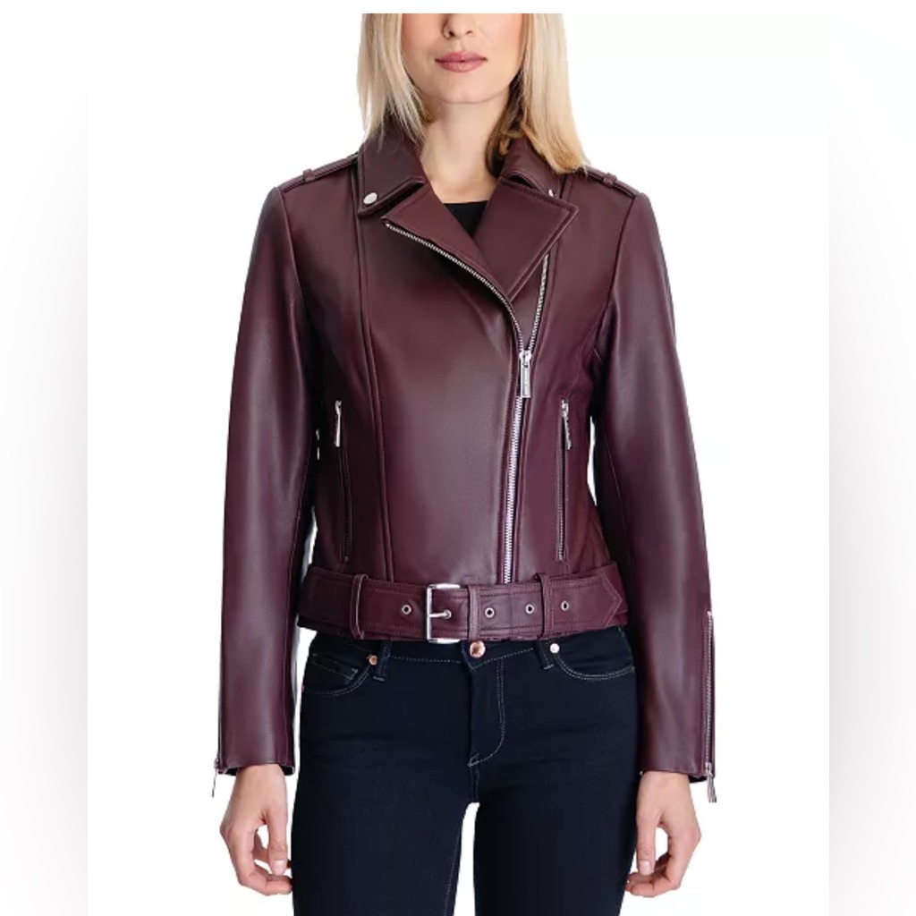 Michael Kors Petite Belted Leather Moto Coat Xs
